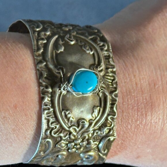 Antique Sterling Silver Cuff Bracelet Sleeping Beauty Turquoise 925 Victorian - Picture 11 of 12